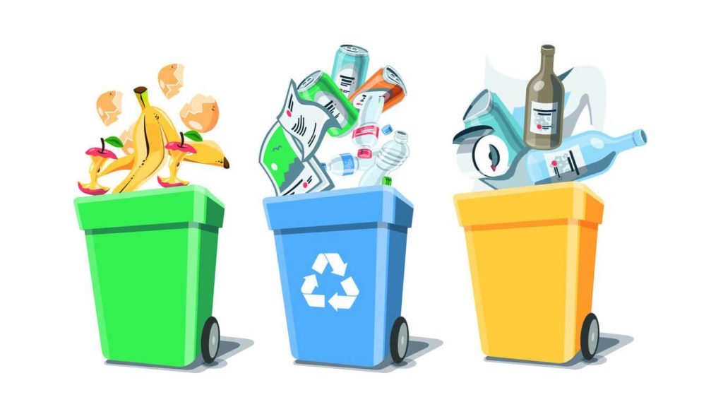 طرح کارتونی انواع سطلهای زباله به عنوان یکی از روشهای تفکیک زباله